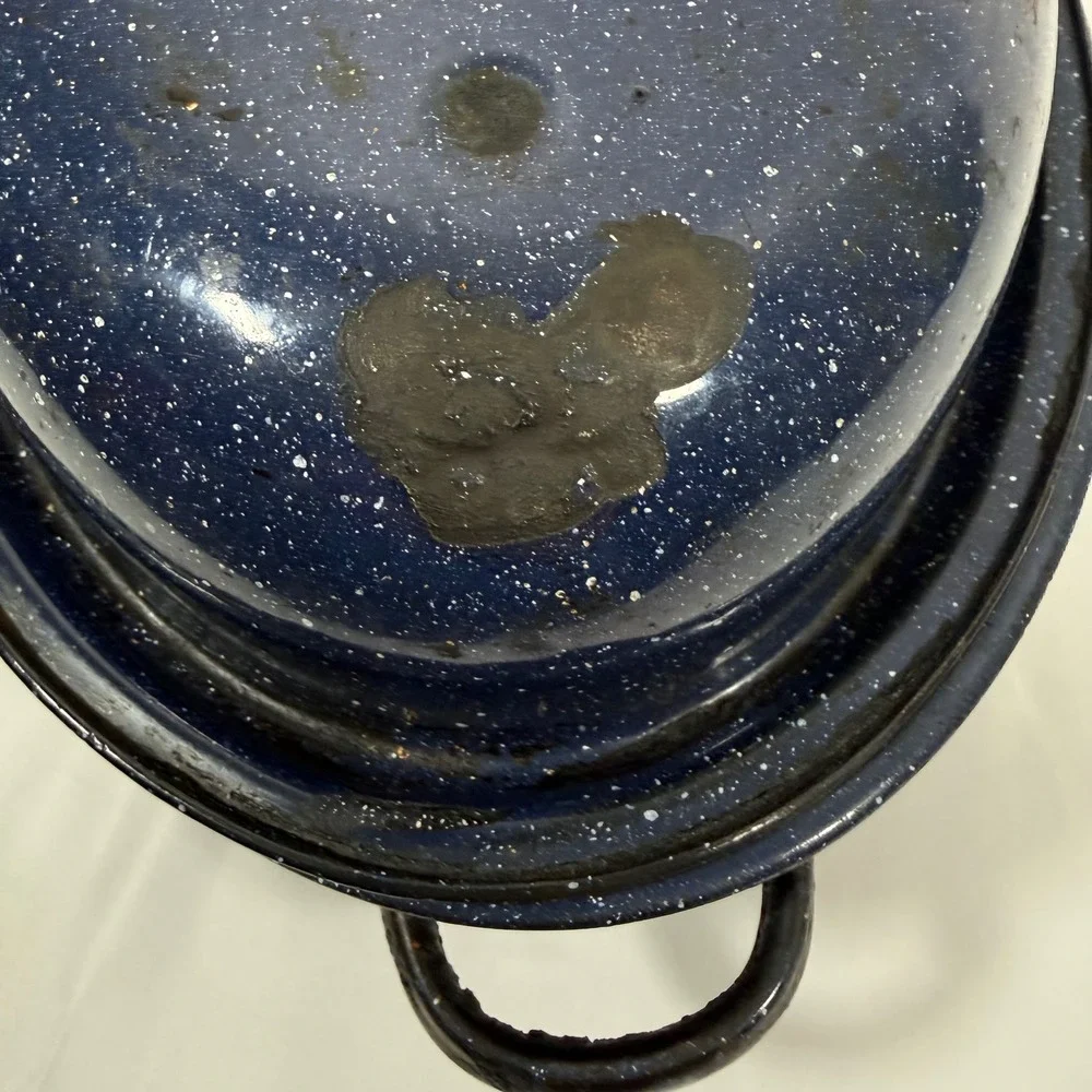 Vintage Enamelware Roaster Pan Large Blue White Speckled Oval Lidded Pot 15 Inch